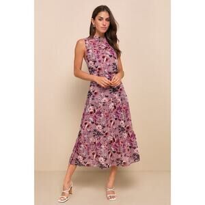 Lulus In My Dreams Mauve Floral Print Midi Dress Purple - Size L